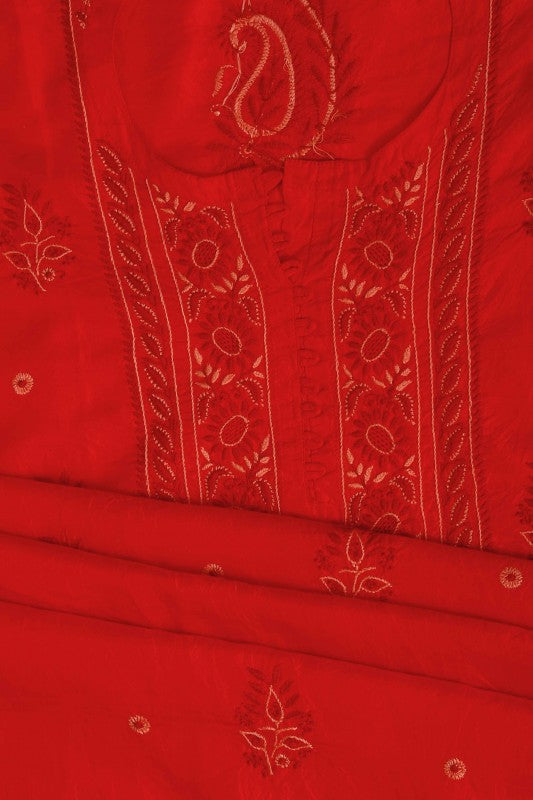 Ada Hand Embroidered Scarlet Red Silk Lucknowi Chikan Unstitched Kurta Piece A608630