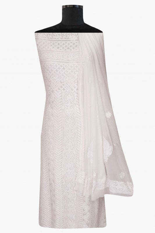 Ada Hand Embroidered White Georgette Lucknowi Chikan Unstitched Kurta Dupatta Set A613046