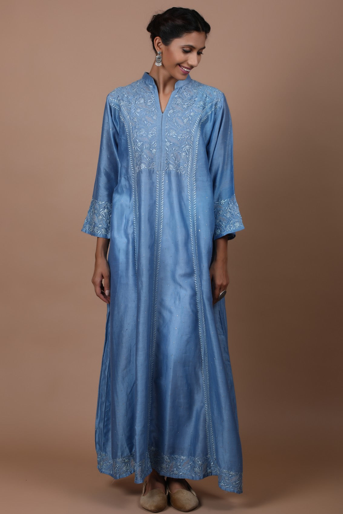 Ada Hand Embroidered Sapphire Blue Chanderi Lucknowi Chikankari Semi-Stitched Anarkali Kurta Dupatta Set With Muqaish Work A623456