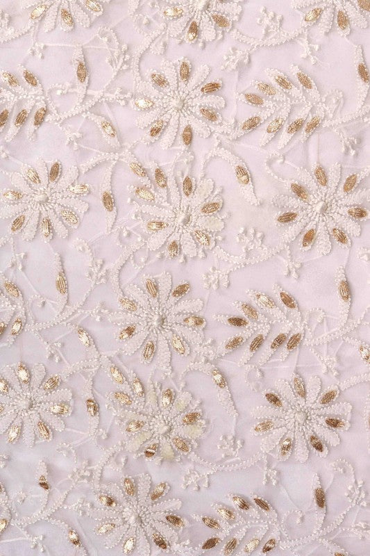 Ada Hand Embroidered White Georgette Lucknowi Chikan Unstitched Suit Piece with Gota Patti Work A428256
