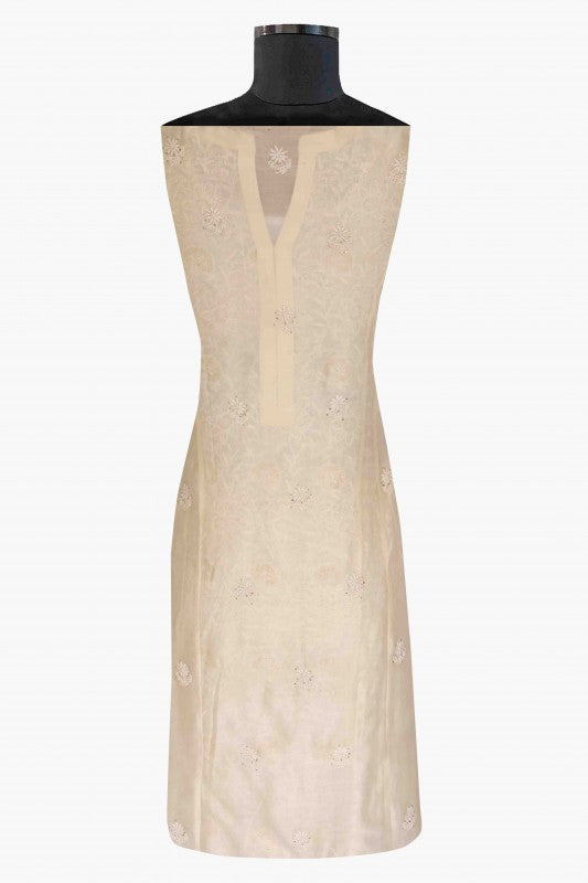Ada Hand Embroidered Cream Chanderi Lucknowi Chikan Unstitched Kurta Dupatta Set-A595038