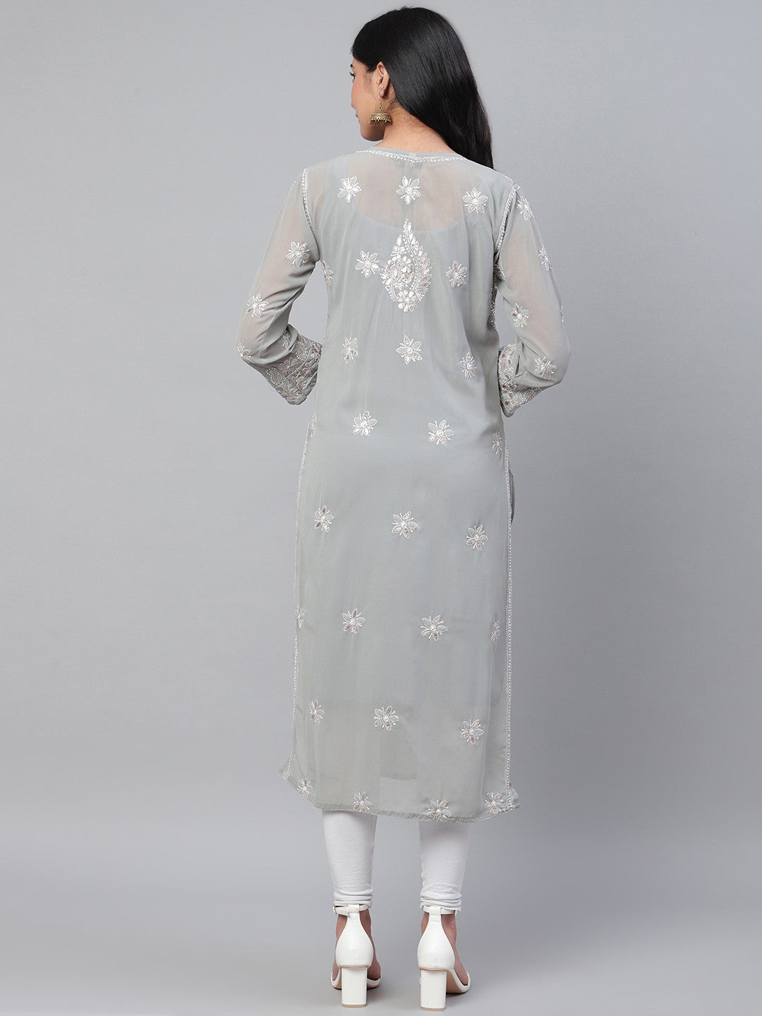 Ada Hand Embroidered Grey Georgette Lucknow Chikankari Straight Kurta/Slip with Gota patti Work A411115