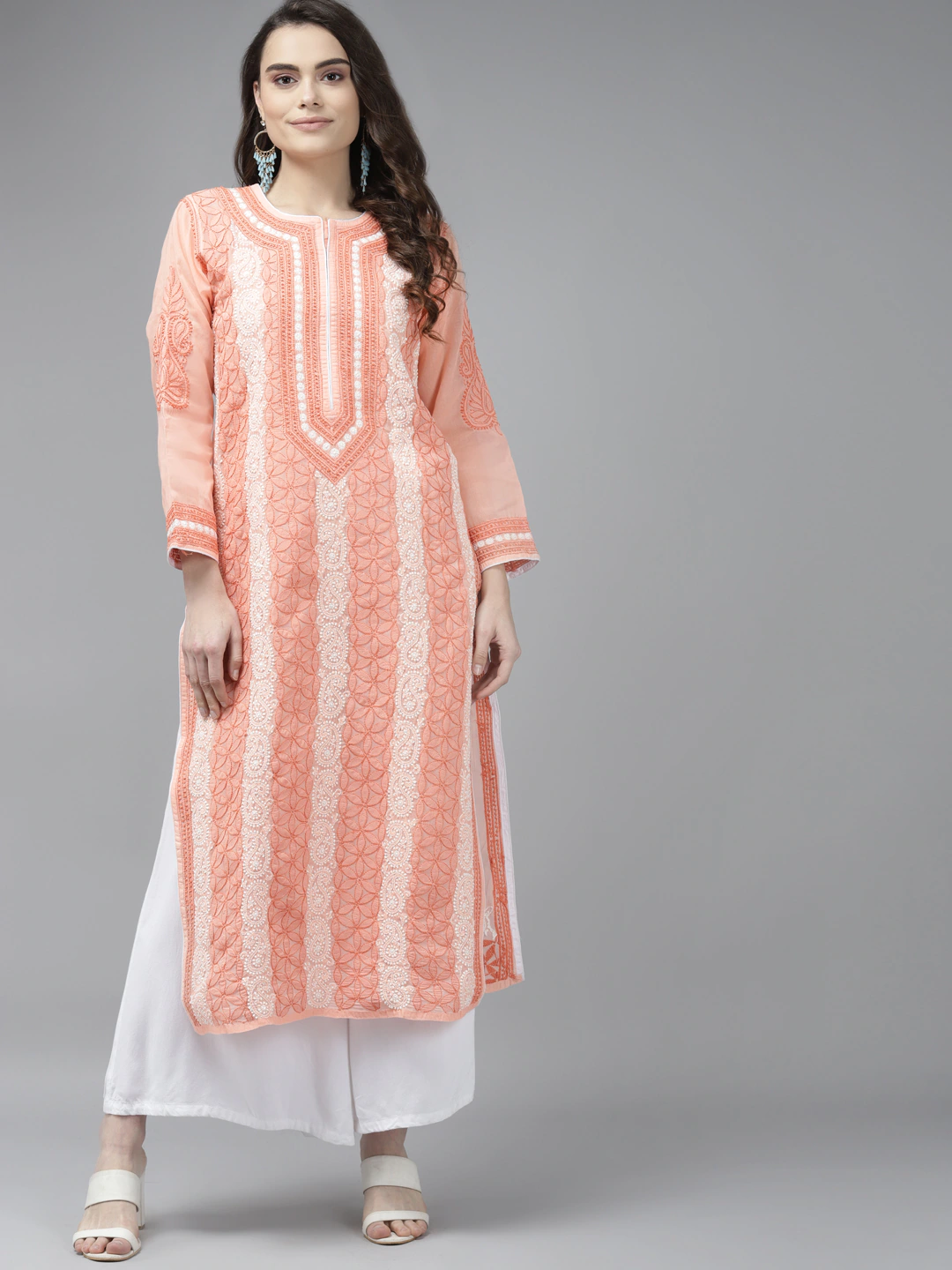 Ada Hand Embroidered Peach Cotton Lucknowi ChikanKari Kurta A411257