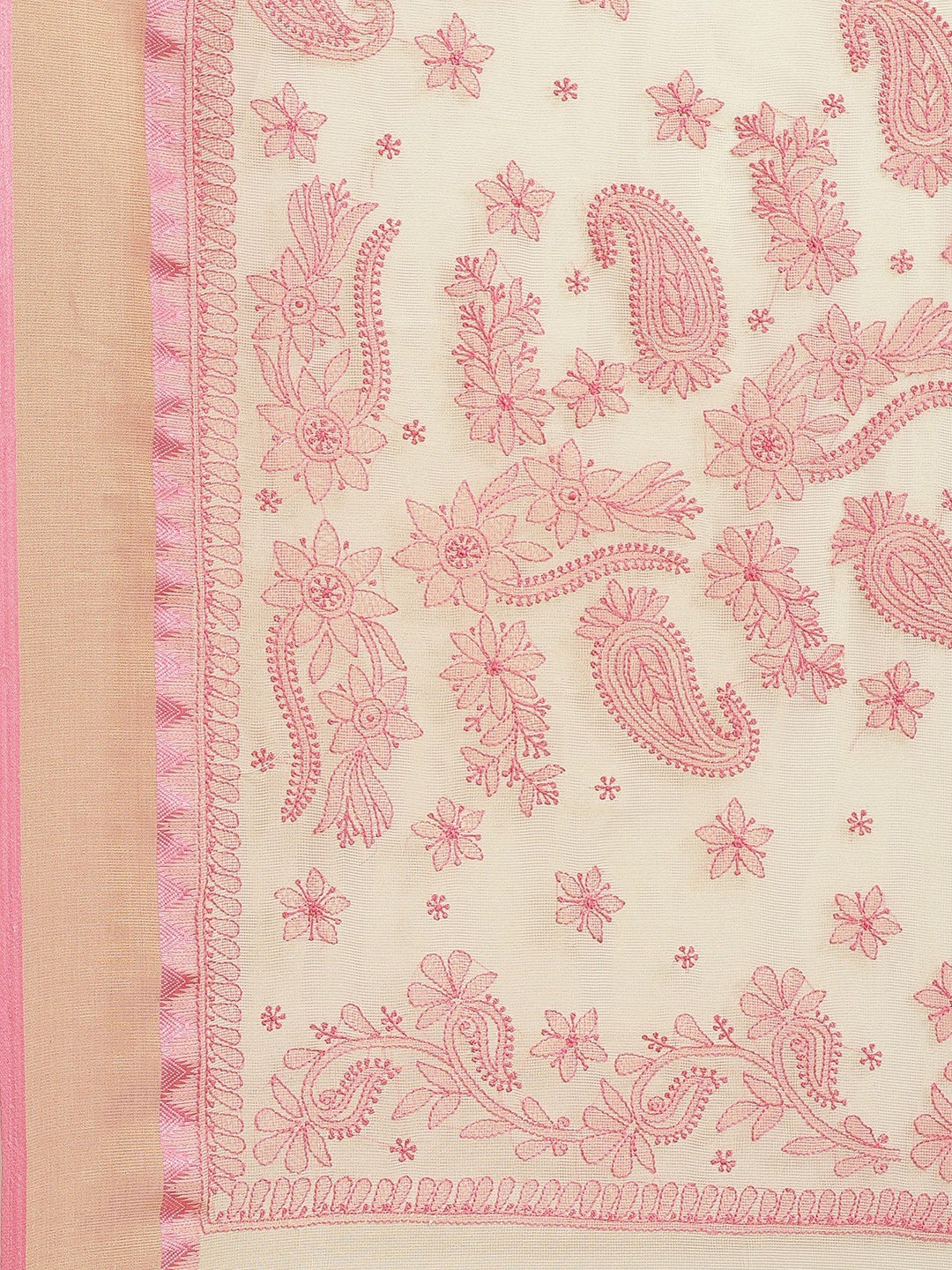 Ada Hand Embroidered Fawn Kota Lucknow Chikan Saree With Blouse A311263