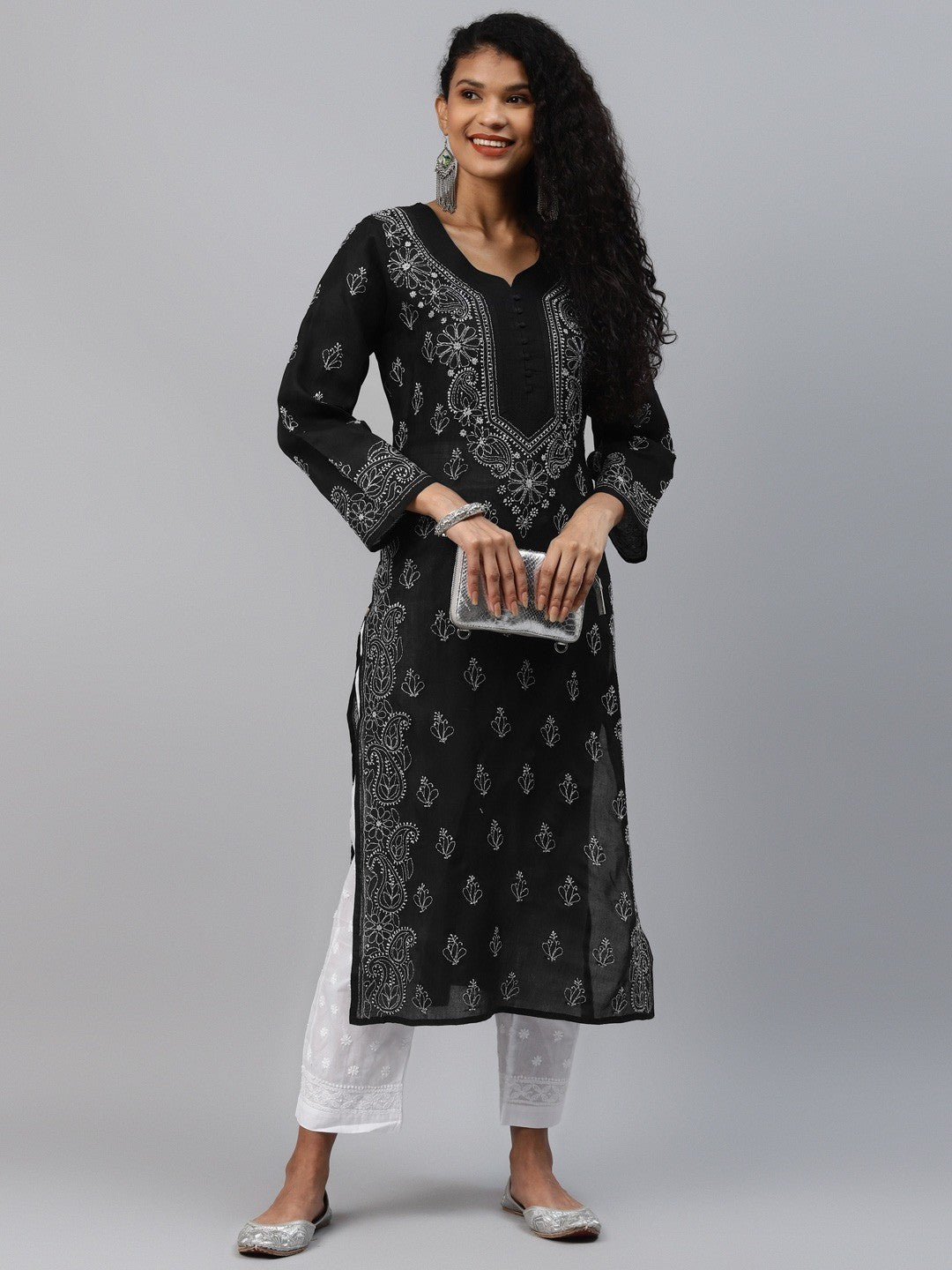 Ada Hand Embroidered Black Cotton Lucknowi Chikankari Straight Kurta A263293