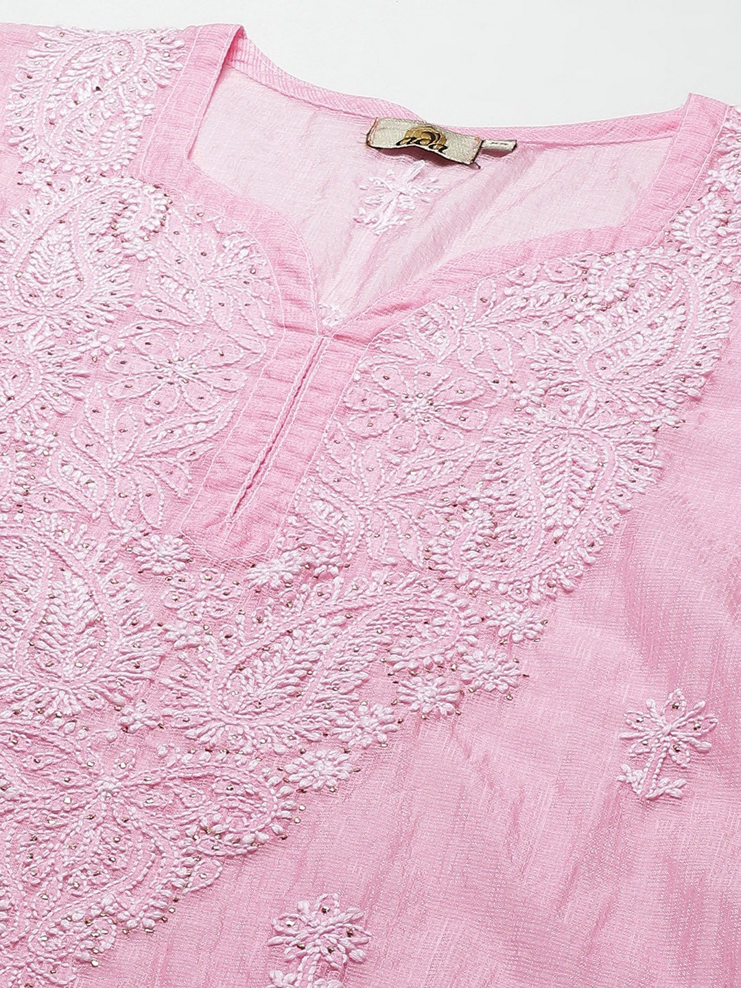 Ada Hand Embroidered Pink Kota Lucknow Chikankari Kurta/Slip With Muqaish Work-A411291