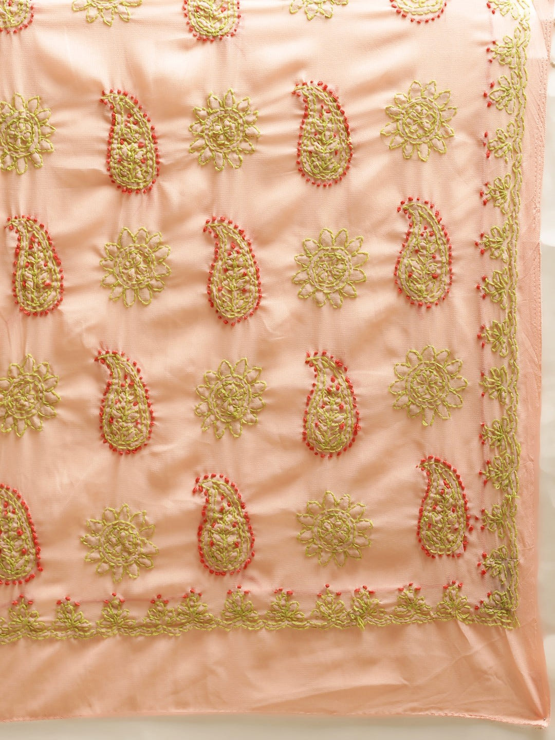 Ada Hand Embroidered Peach Georgette Lucknowi Chikankari Saree With Blouse A191582