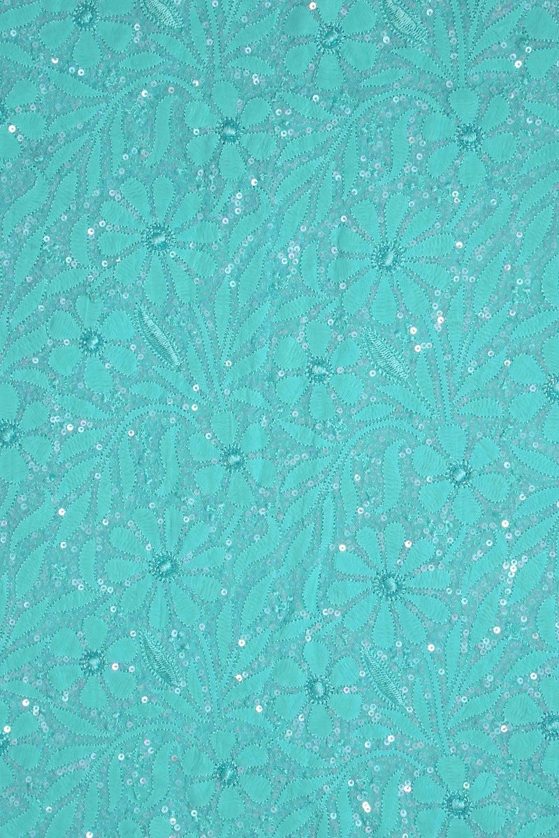 Ada Hand Embroidered Turquoise Blue Georgette Lucknowi Chikan Unstitched Kurta Dupatta Set with Sequinned Work A611683