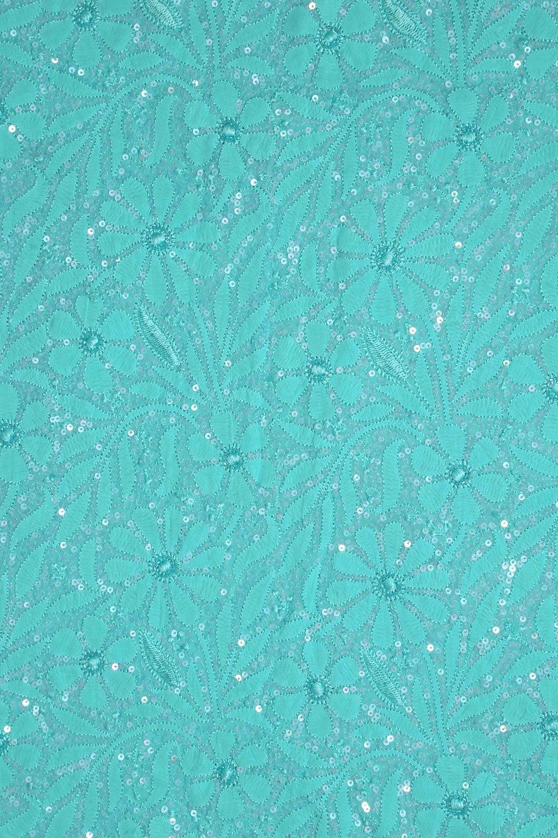 Ada Hand Embroidered Turquoise Blue Georgette Lucknowi Chikan Unstitched Kurta Dupatta Set with Sequinned Work A611683
