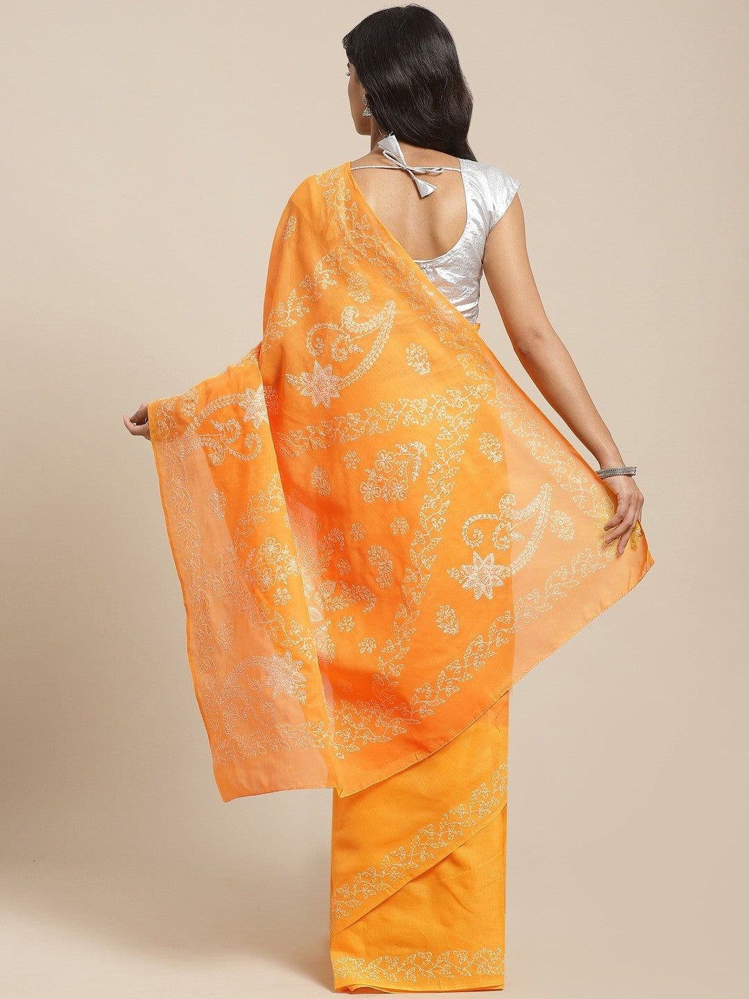 Ada Hand Embroidered Mustard Cotton Lucknow Chikan Saree With Blouse A311132