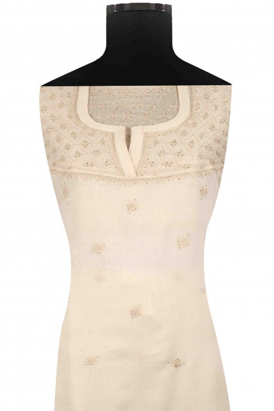 Ada Hand Embroidered Cream Chanderi Lucknowi Chikan Unstitched Kurta Dupatta Set A595357