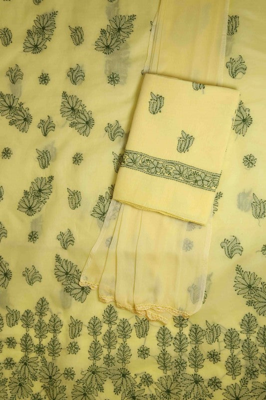 Ada Hand Embroidered Lemon Yellow Cotton Lucknowi Chikan Unstitched Suit Piece-A347815