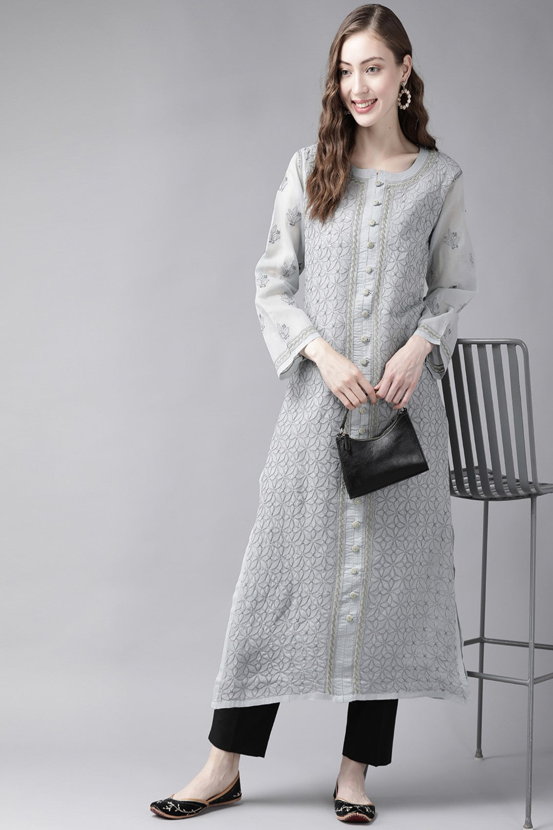 Ada Hand Embroidered Grey Cotton Lucknowi Chikankari Straight  Kurta A411248