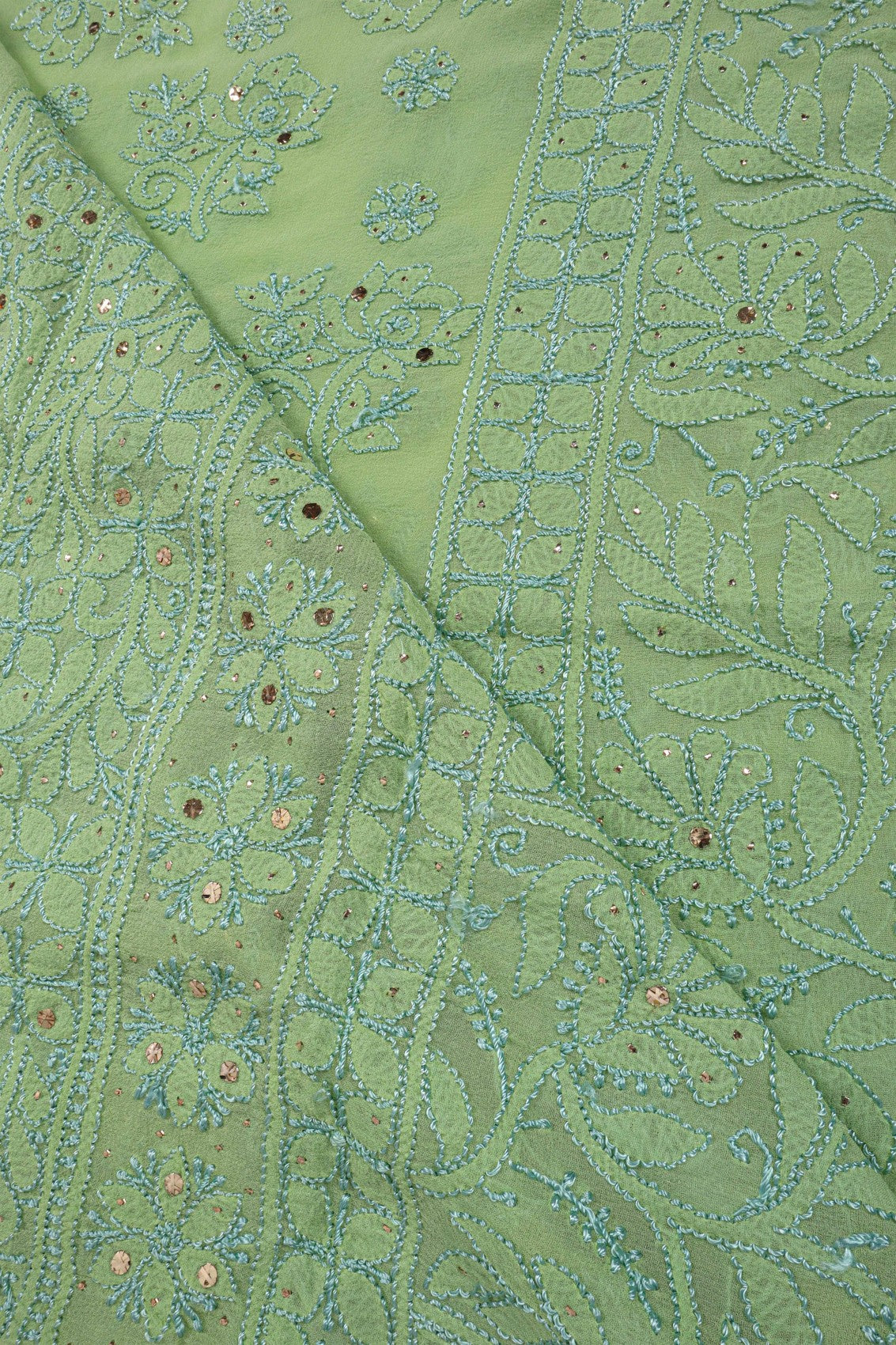 Ada Hand Embroidered Green Pure Georgette Lucknowi Chikankari Dupatta With Muqaish Work 01A156924