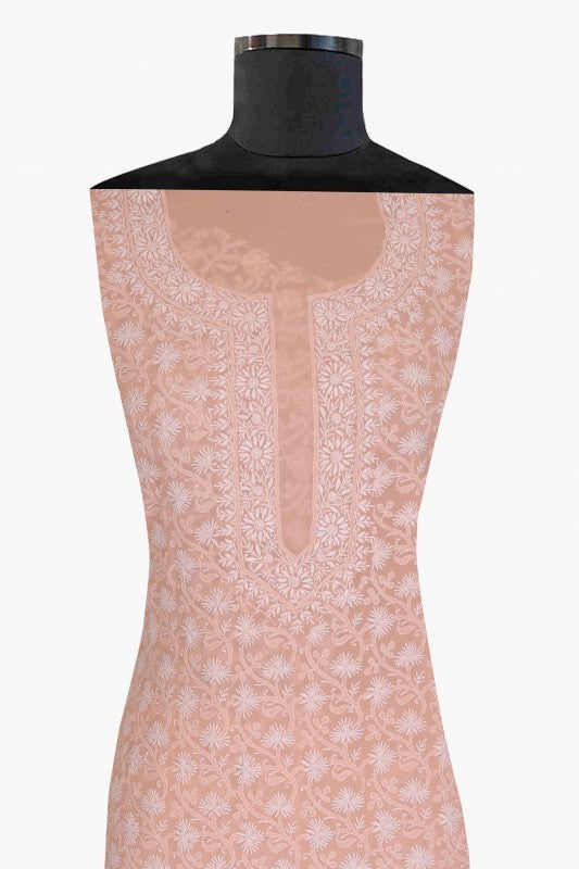 Ada Hand Embroidered Peach Pure Georgette Lucknowi Chikankari Unstitched Kurta Piece A21478