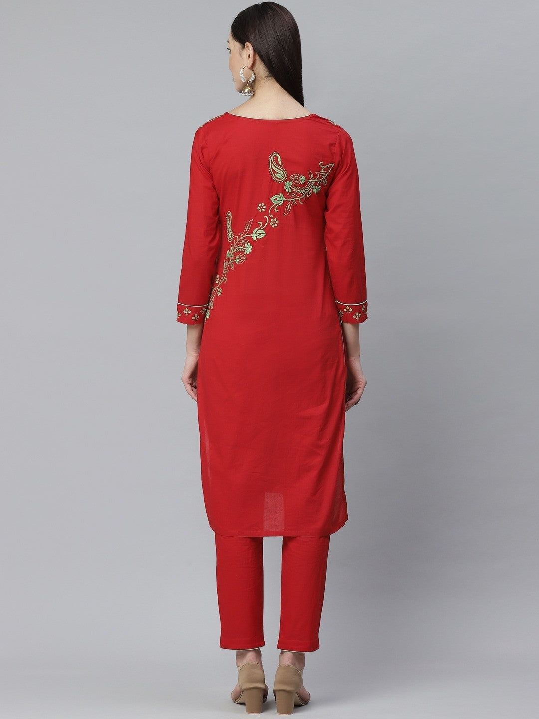 Ada Hand Embroidered Red Cotton Lucknowi Chikankari Straight Kurta With Trouser Set A811129