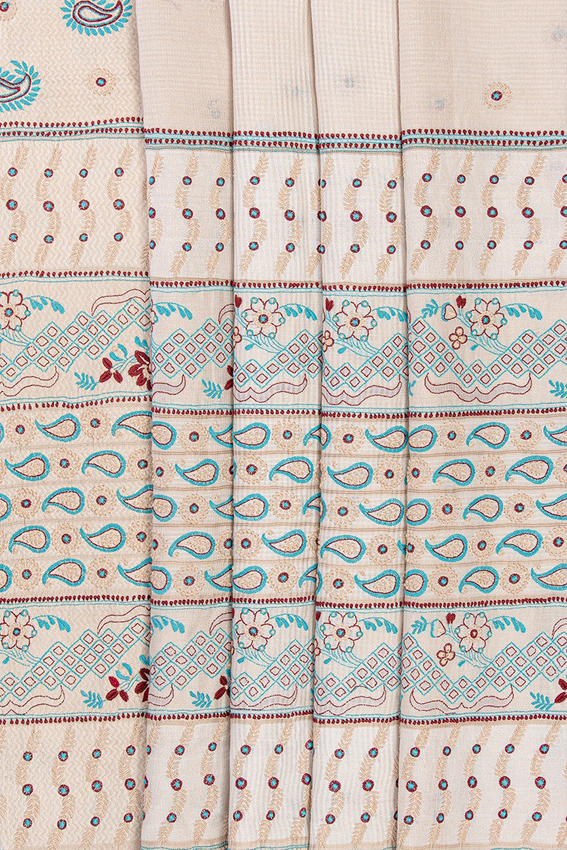 Ada Hand Embroidered Cream Chanderi Lucknowi Chikankari Saree With Blouse- A70603