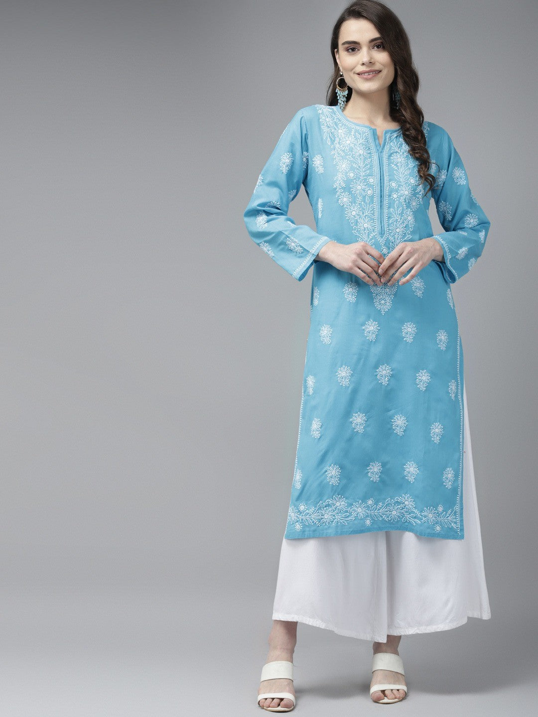 Ada Hand Embroidered Blue Cotton Lucknow Chikankari Straight Kurta A125566