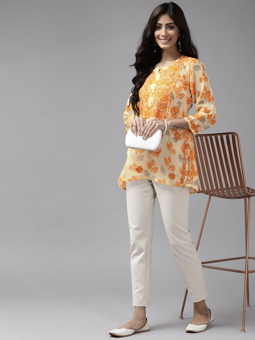 ADA Hand Embroidered Lemon Kota Lucknowi Chikankari Short Kurti A911143