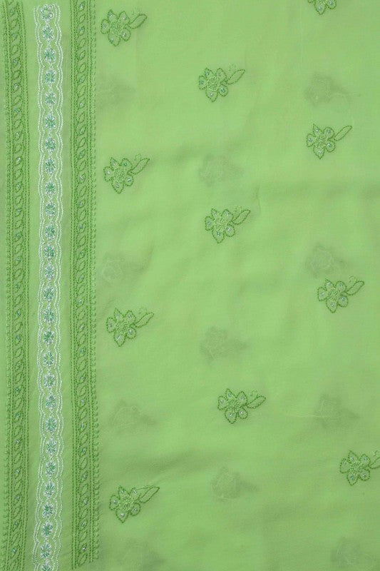Ada Hand Embroidered Green Pure Georgette Lucknowi Chikan Unstitched Kurta Dupatta Set With Pearl Work-A279695
