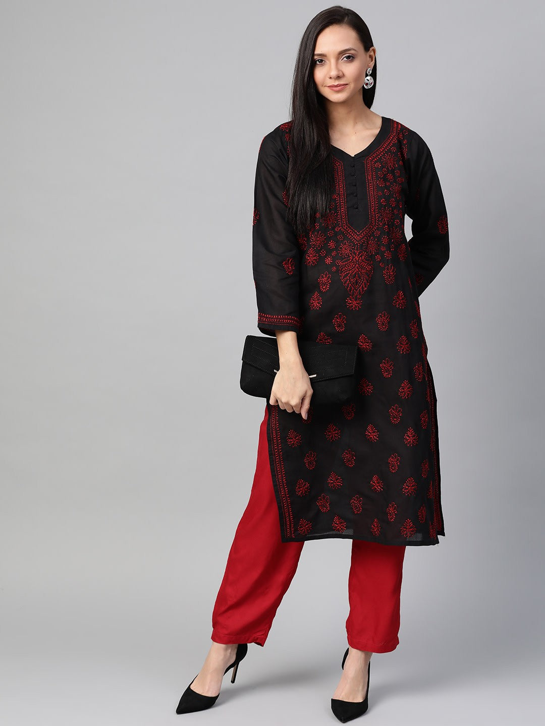 Ada Hand Embroidered Black Cotton Lucknowi Chikankari Straight Kurta A100407