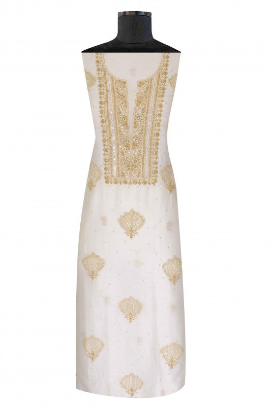 Ada Hand Embroidered Off White Chanderi Lucknowi Chikankari Unstitched Kurta Dupatta Set With Pearl Work 01A86296
