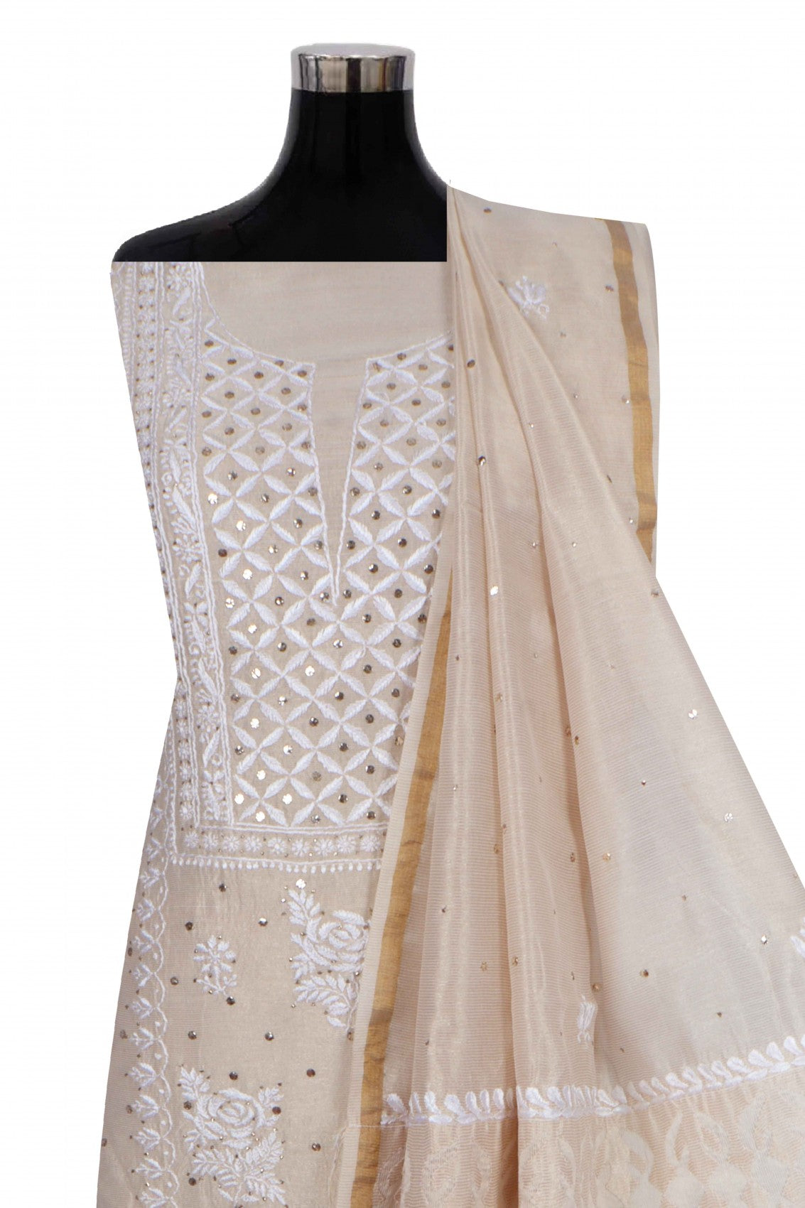 Ada Hand Embroidered Fawn Silk Lucknowi Chikankari Unstitched Kurta Dupatta Set With Muqaish Work 01A243066