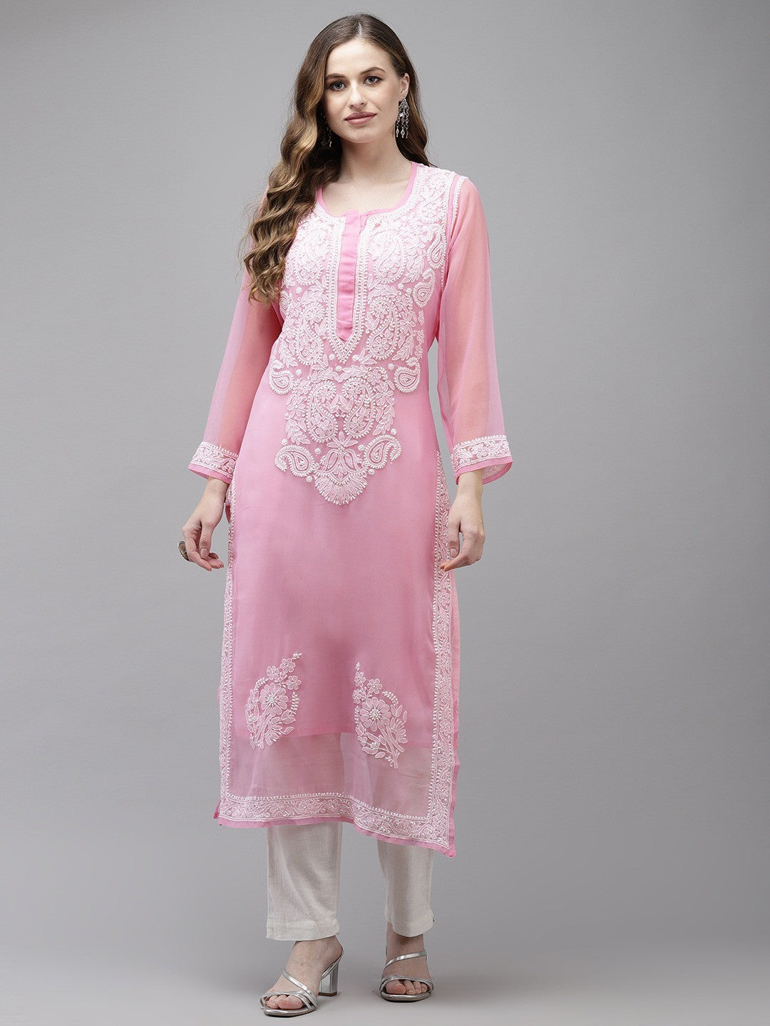 Ada Hand Embroidered Pink Georgette Lucknow Chikan Kurta with Slip A411361