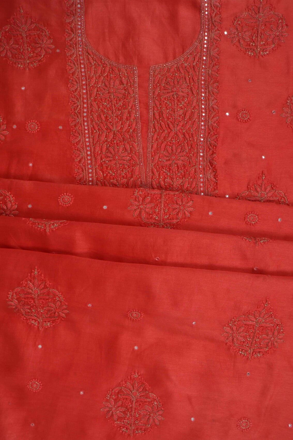 Ada Hand Embroidered Dark Peach Chanderi Lucknowi Chikankari Unstitched Kurta Dupatta Set With Zari Work 01A133827