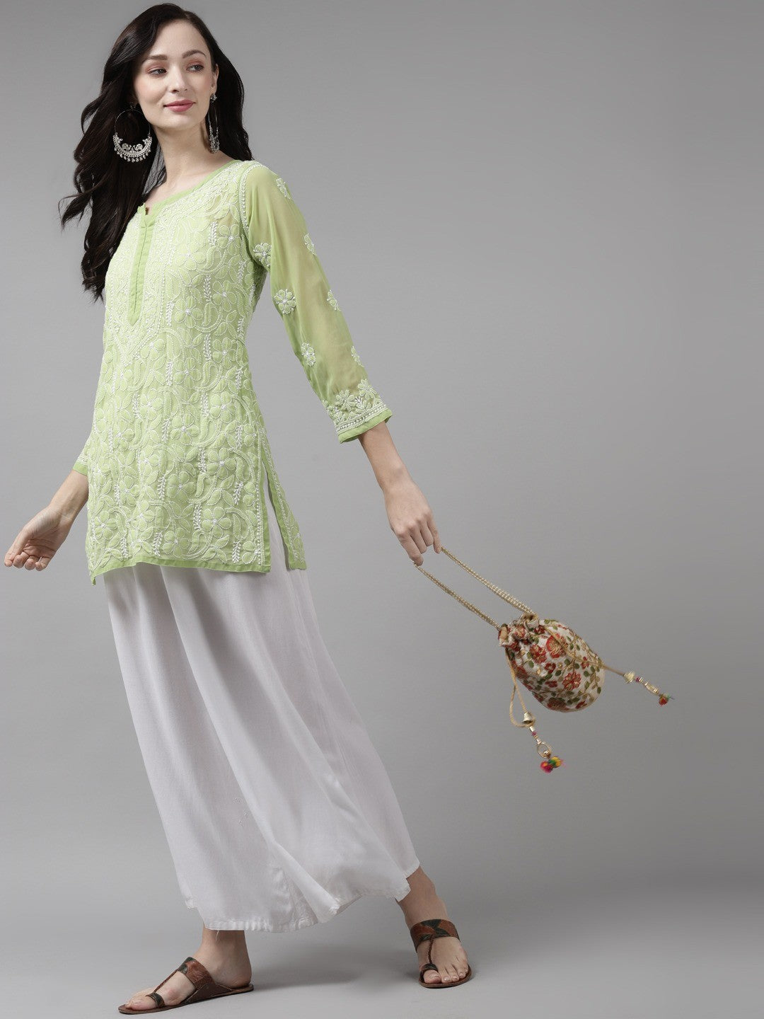 Ada Hand Embroidered Green Georgette Lucknow Chikan Kurti A911154