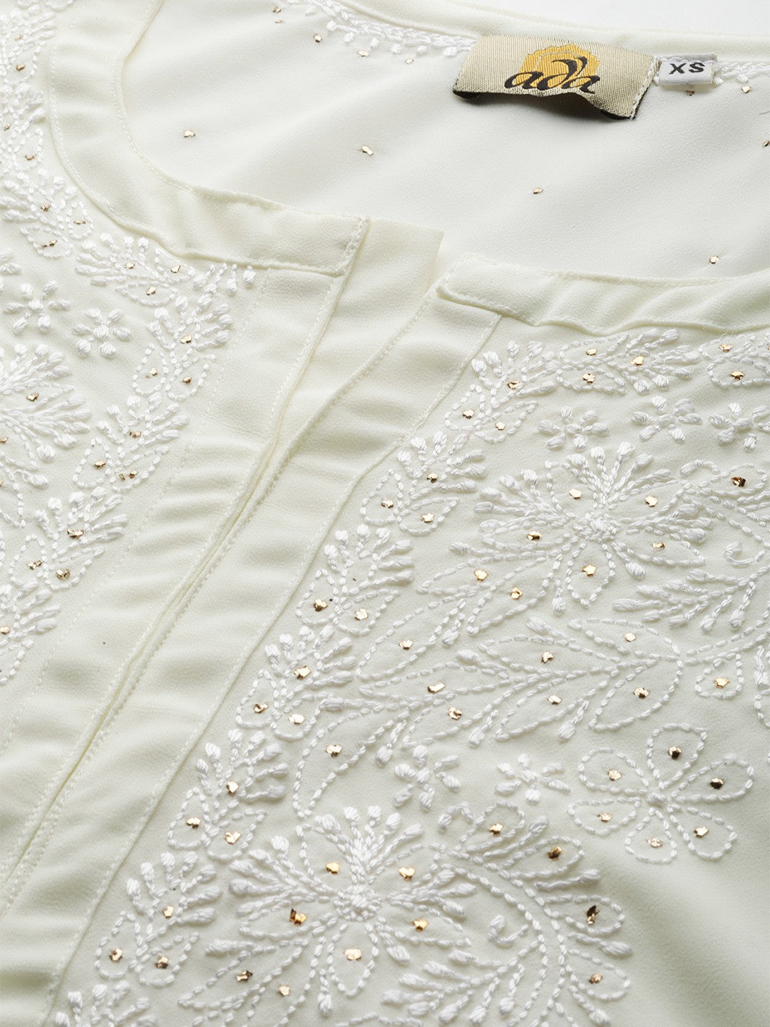Ada Hand Embroidered Cream Georgette Lucknowi Chikan A-Line Kurta with Muqaish Work A100428