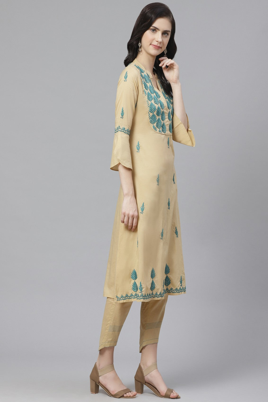 Ada Hand Embroidered Beige Cotton Lucknowi Chikankari Kurta with Trouser Set A100319
