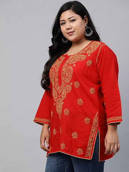 Ada Hand Embroidered Red Cotton Lucknowi Chikankari Straight Kurti A250381