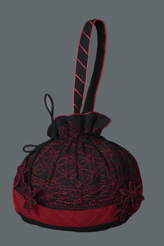 Ada Hand Embroidered Black / Red Cotton Lucknow Chikankari Potli- A614418