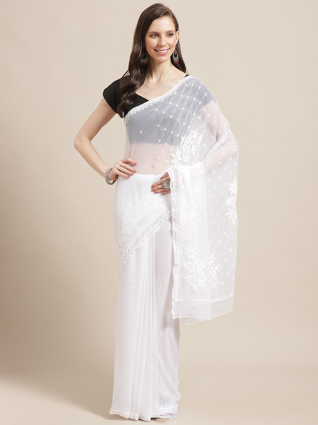 Ada Hand Embroidered White Georgette Lucknow Chikan Saree With Blouse A100566