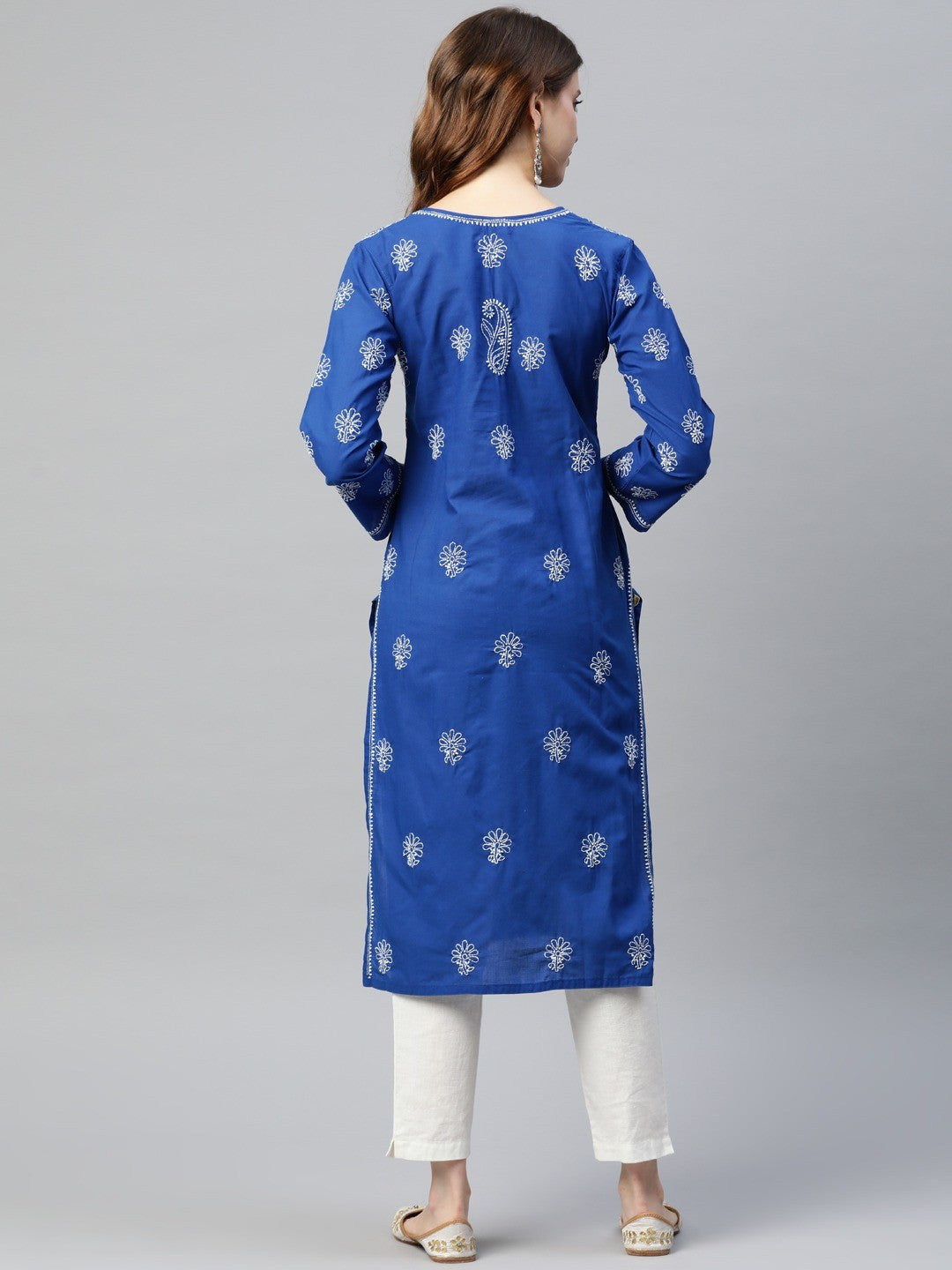 Ada Hand Embroidered Royal Blue Cotton Lucknowi Chikan straight Kurta A411190