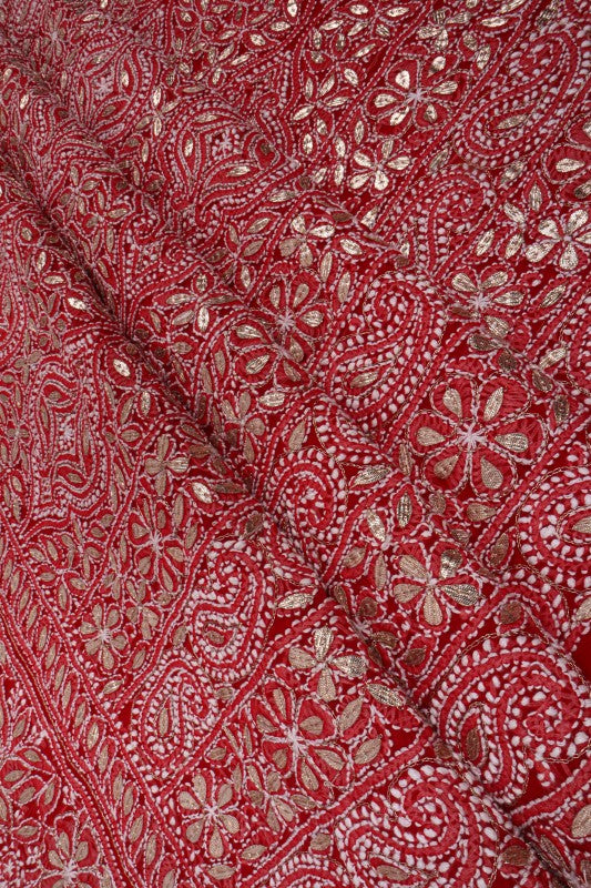 Ada Hand Embroidered Red Georgette Lucknowi Chikan Unstitched Suit Piece with Gota Patti Work A340194