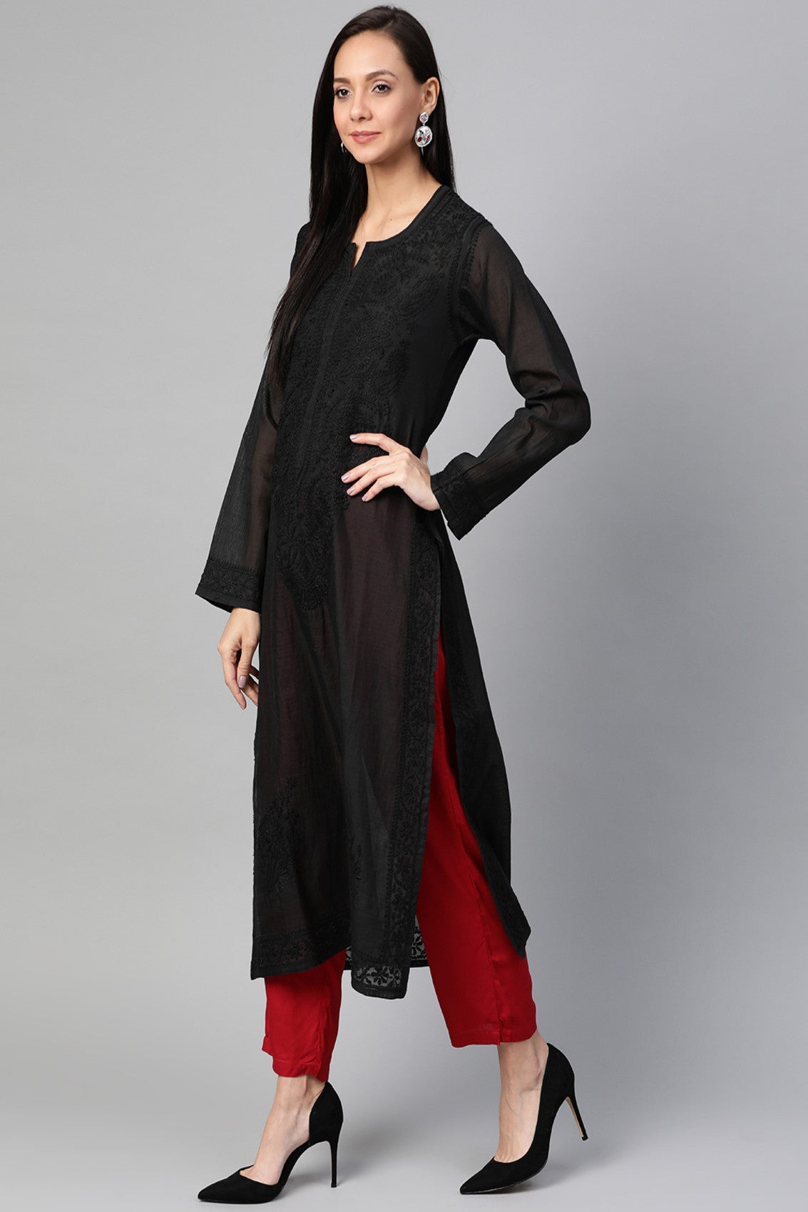 Ada Hand Embroidered Black Chanderi Lucknowi Chikankari Straight Kurta A100478