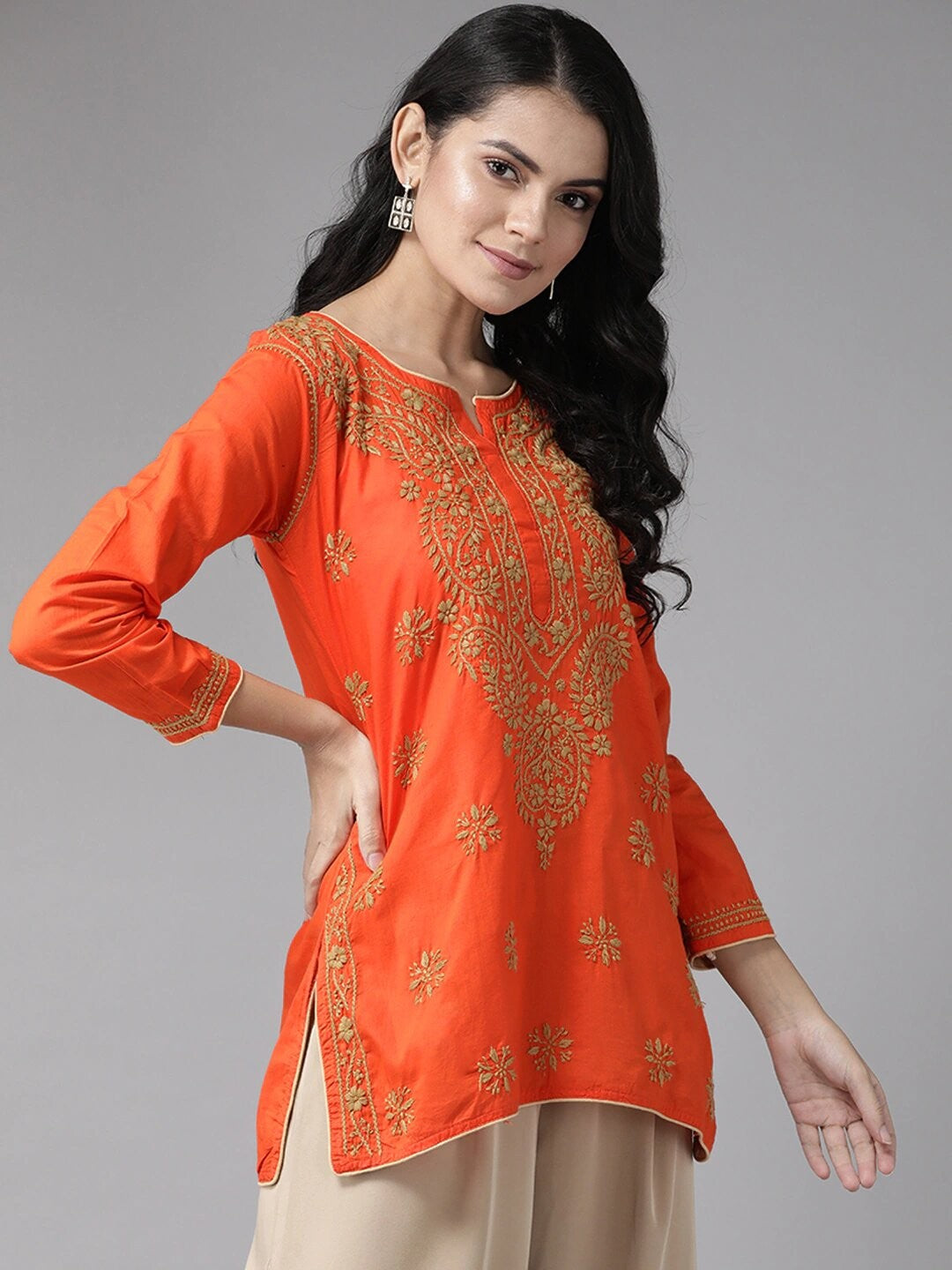 Ada Hand Embroidered Orange Cotton Lucknowi Chikankari Short Kurti A250565