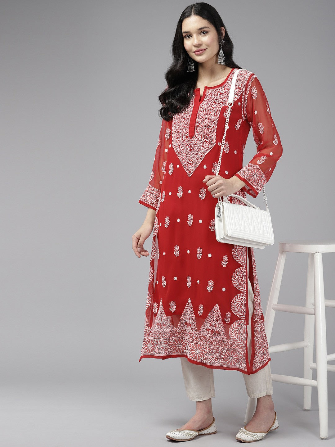 Ada Hand Embroidered Red Georgette Lucknowi Chikankari Straight Kurta With Slip A411425