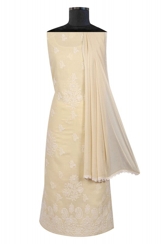 Ada Hand Embroidered Fawn Cotton Lucknowi Chikan Unstitched Suit Piece A603795