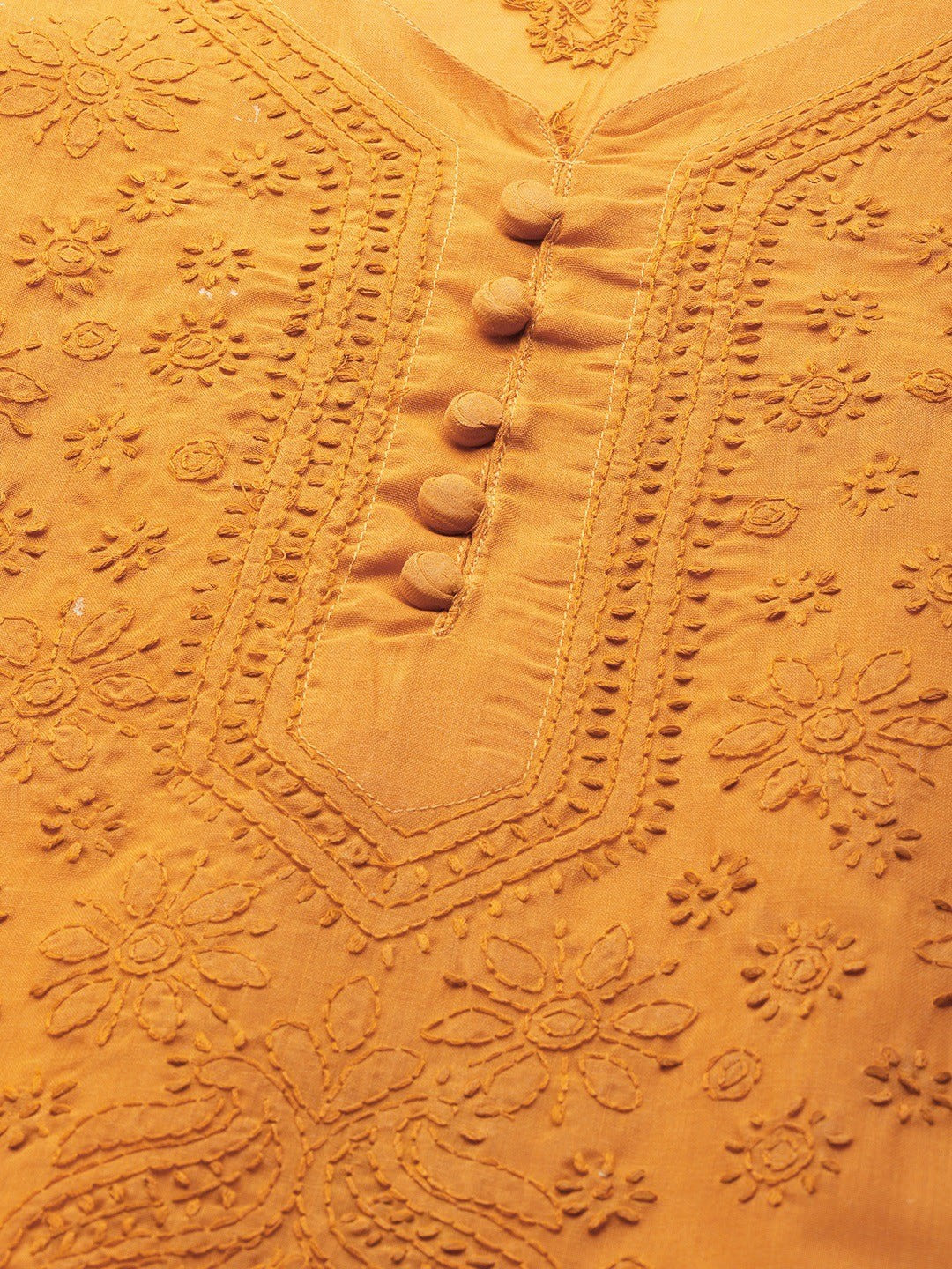 Ada Hand Embroidered Mustard Cotton Lucknowi Straight Chikankari Kurta Set A811174