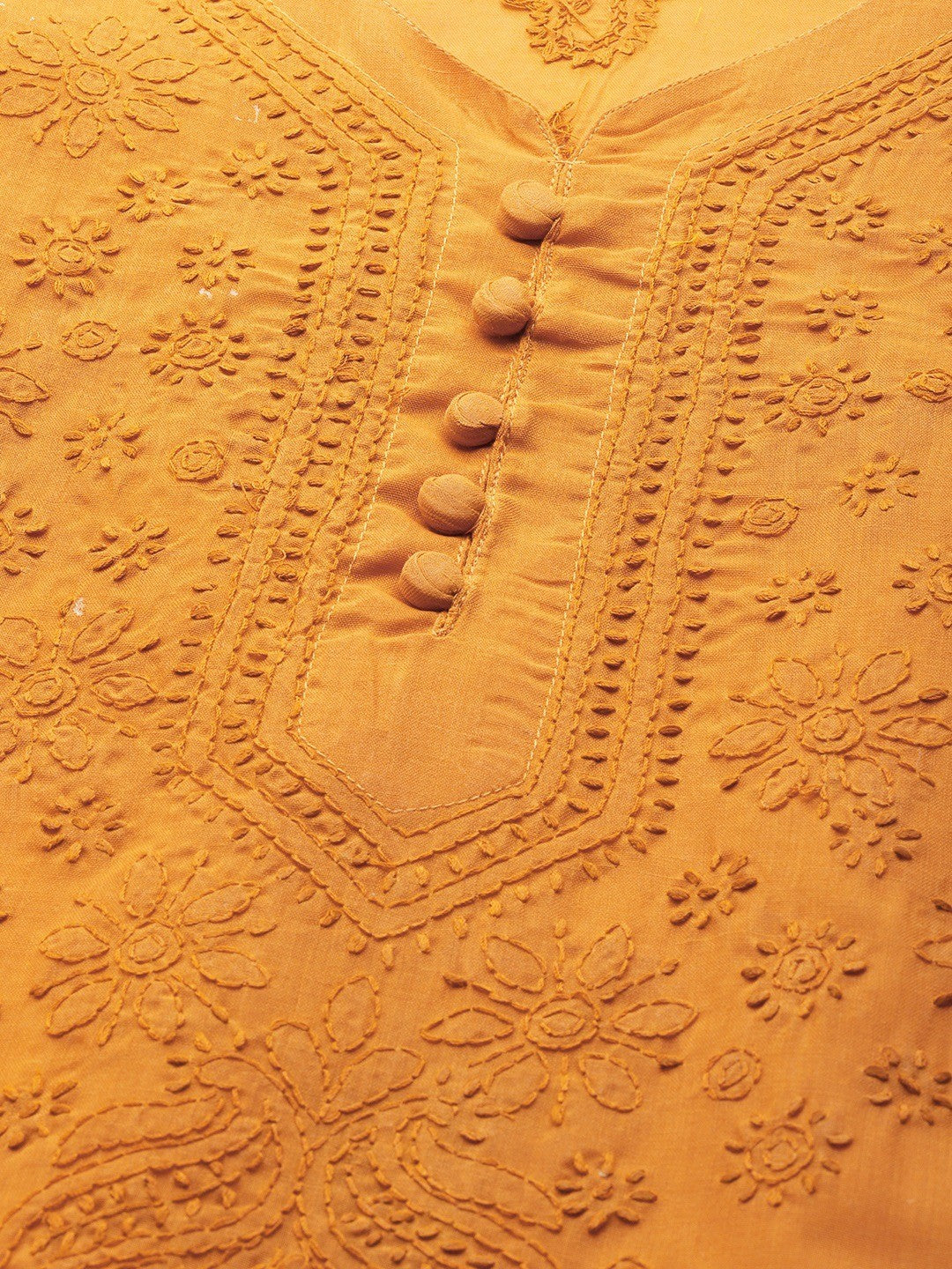 Ada Hand Embroidered Mustard Cotton Lucknowi Straight Chikankari Kurta Set A811174