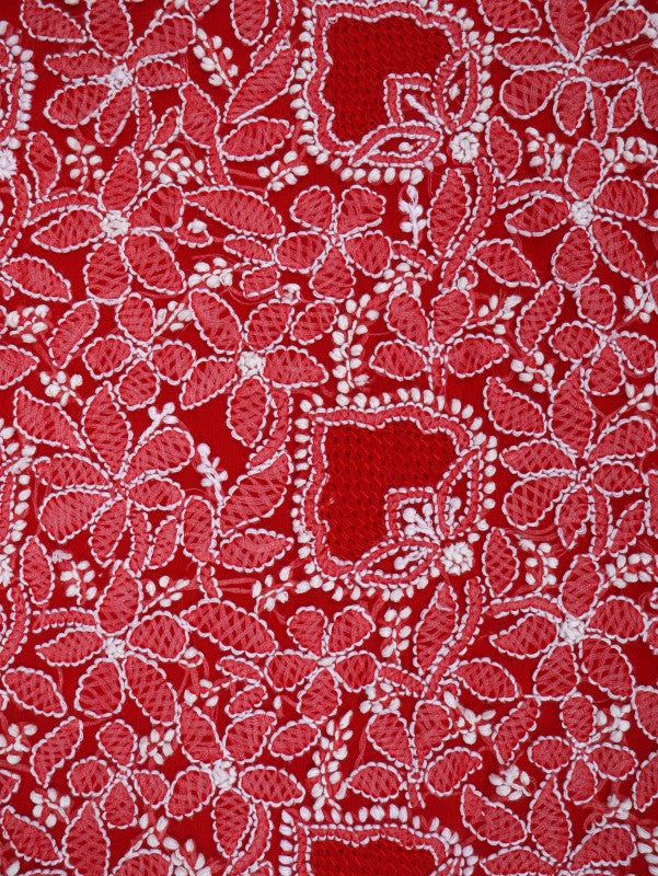 Ada Hand Embroidered Red Georgette Lucknowi Chikan Unstitched Suit Piece A491155