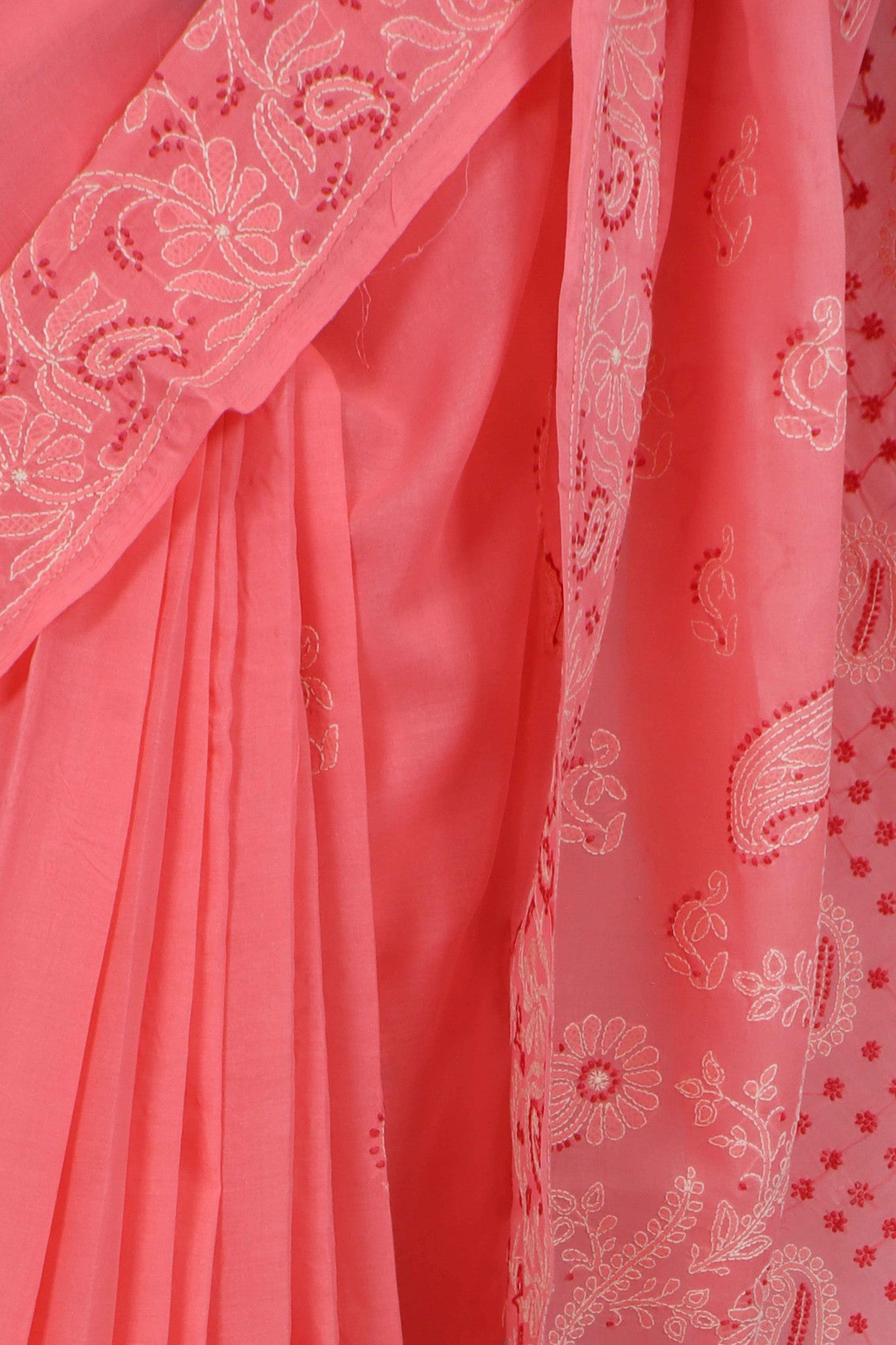 Ada Hand Embroidered Carrot Pink Cotton Lucknowi Chikankari Saree With Blouse A578170