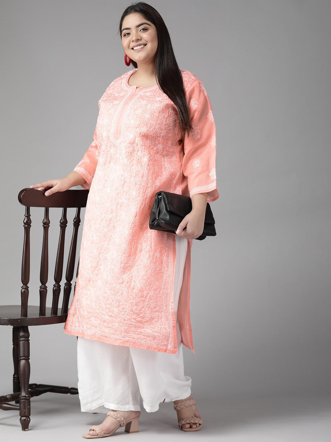 Ada Hand Embroidered Peach Cotton Lucknow Chikankari Straight Kurta A411165