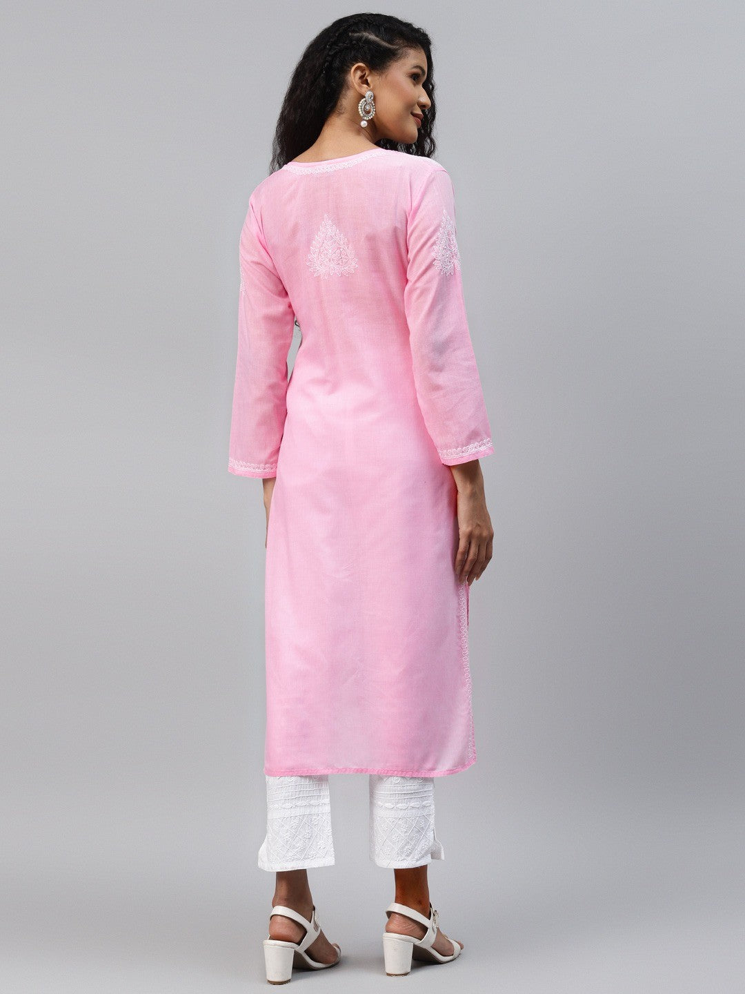 Ada Hand Embroidered Baby Pink Cotton Lucknowi Chikankari Kurta A302192