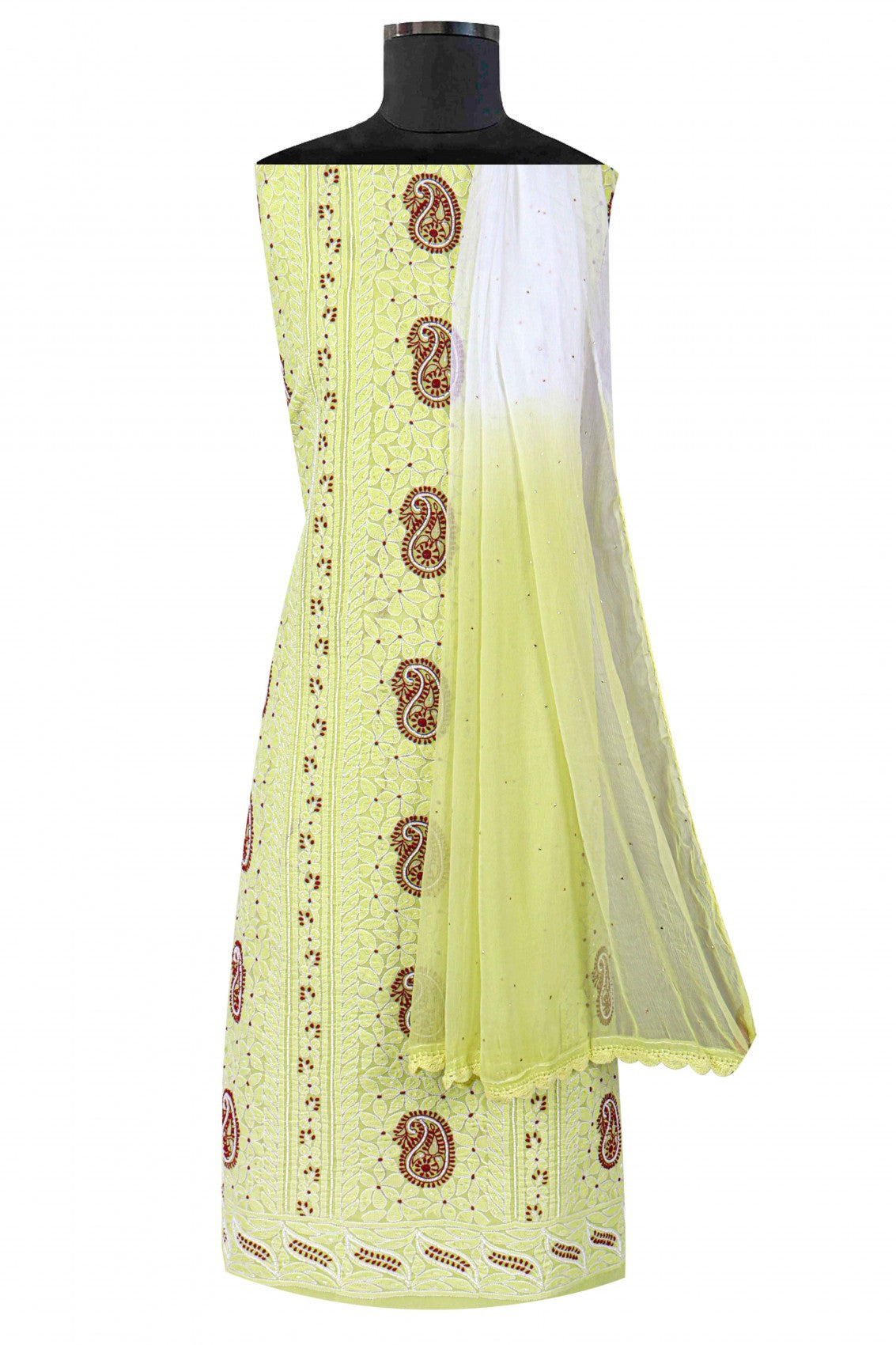 Ada Hand Embroidered Lemon Cotton Lucknowi Chikankari Unstitched Suit Piece With Pearl Work 01A148739