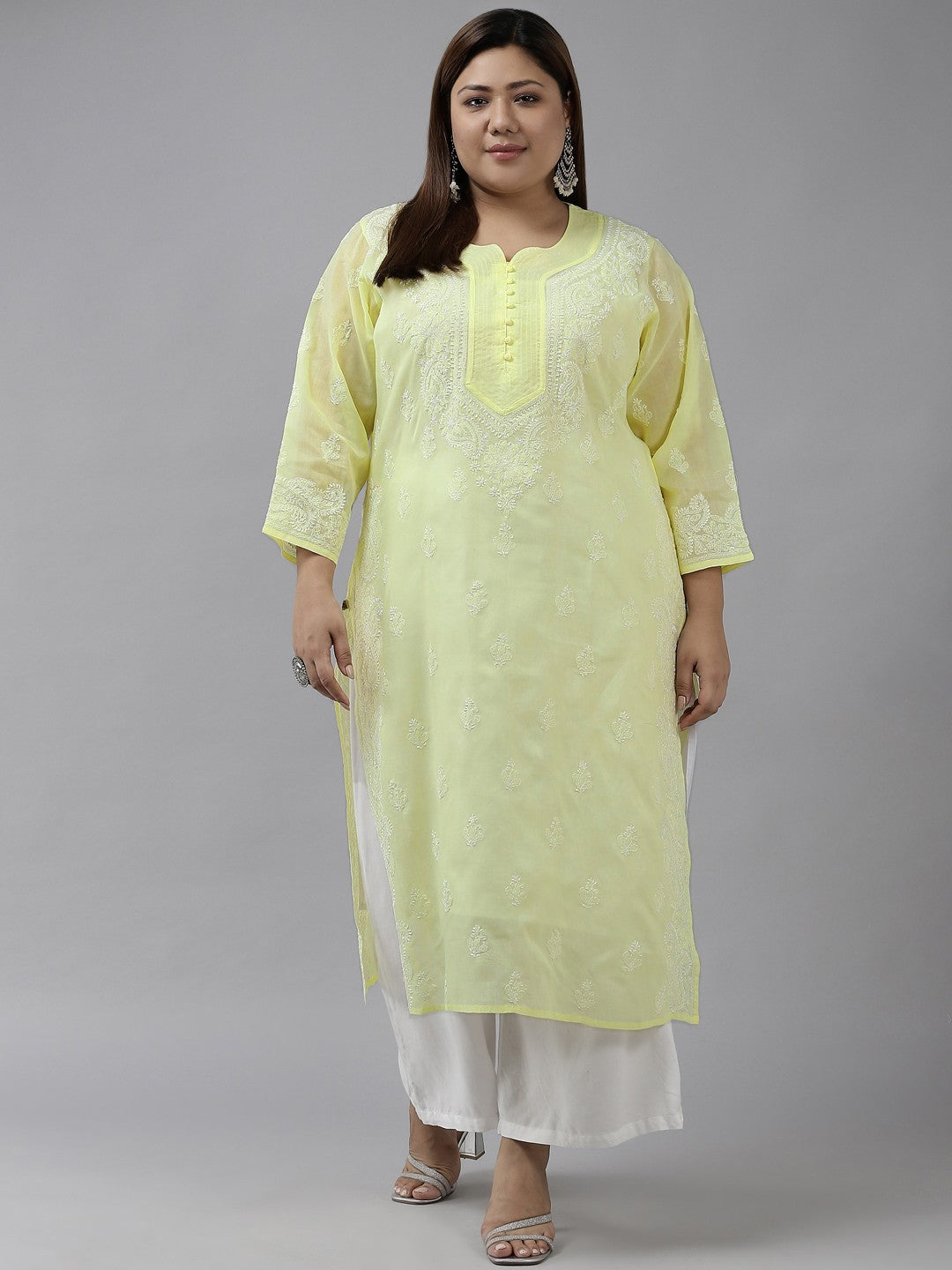 Ada Hand Embroidered Lemon Cotton Lucknowi Chikankari Straight Kurta A100355