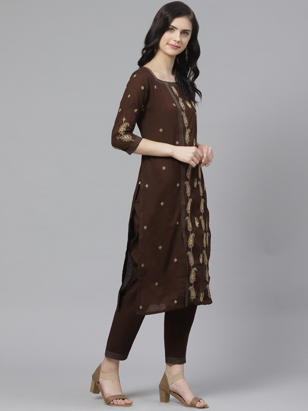 Ada Hand Embroidered Brown Cotton Lucknowi Chikankari Kurta/Trouser Set with Muqaish Work A100328